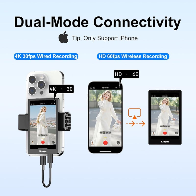 KingMa Selfie Monitor Screen for iPhone, 4K 30fps Vlog Screen with Bluetooth Remote Wired Rear Camera Magnetic Phone Vlog Selfie Monitor Screen for Vlog Live Stream & TikTok - Image 5